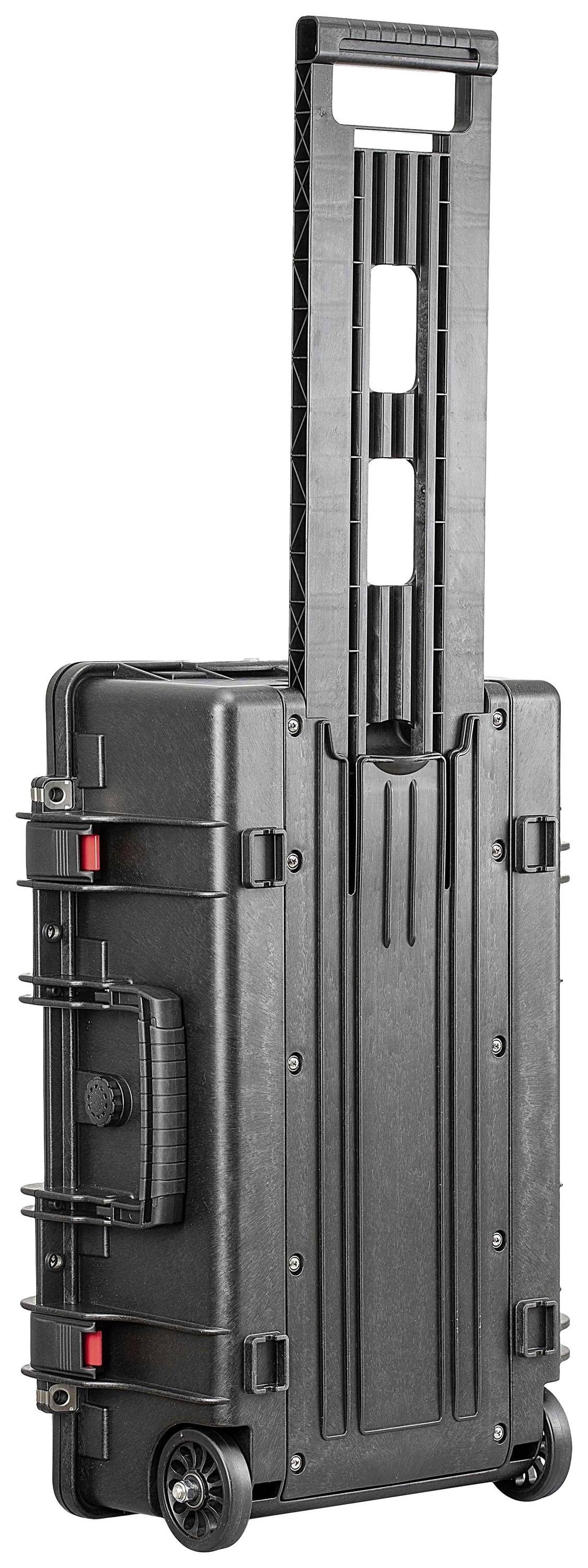 A black, robust rolling suitcase with an extendable handle and wheels, ideal for the secure transportation of delicate items.