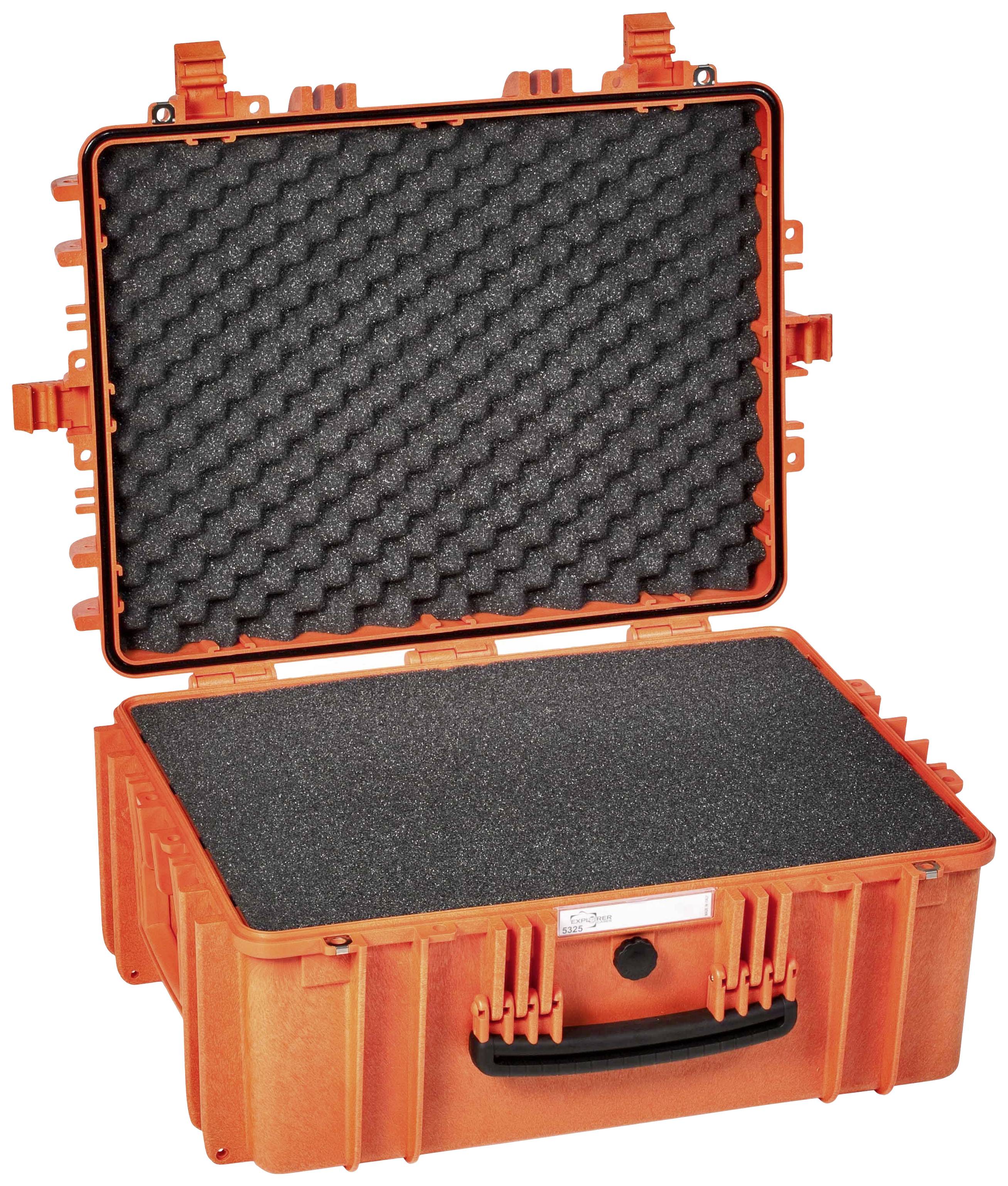 An open, orange hard-shell case with foam lining, suitable for protecting delicate items during transportation.
