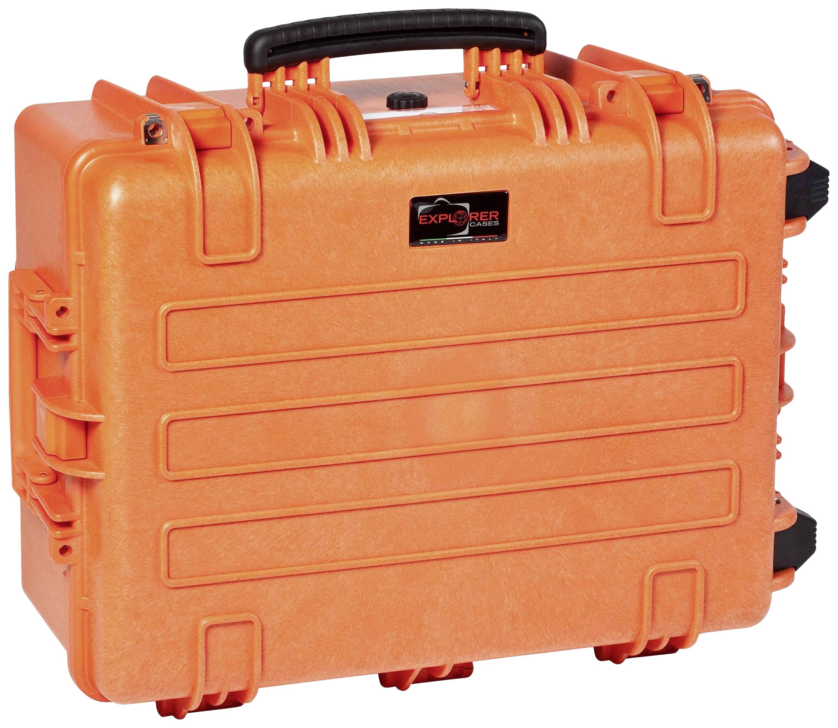 An orange, robust suitcase with a handle, potentially suitable for safely transporting delicate items.
