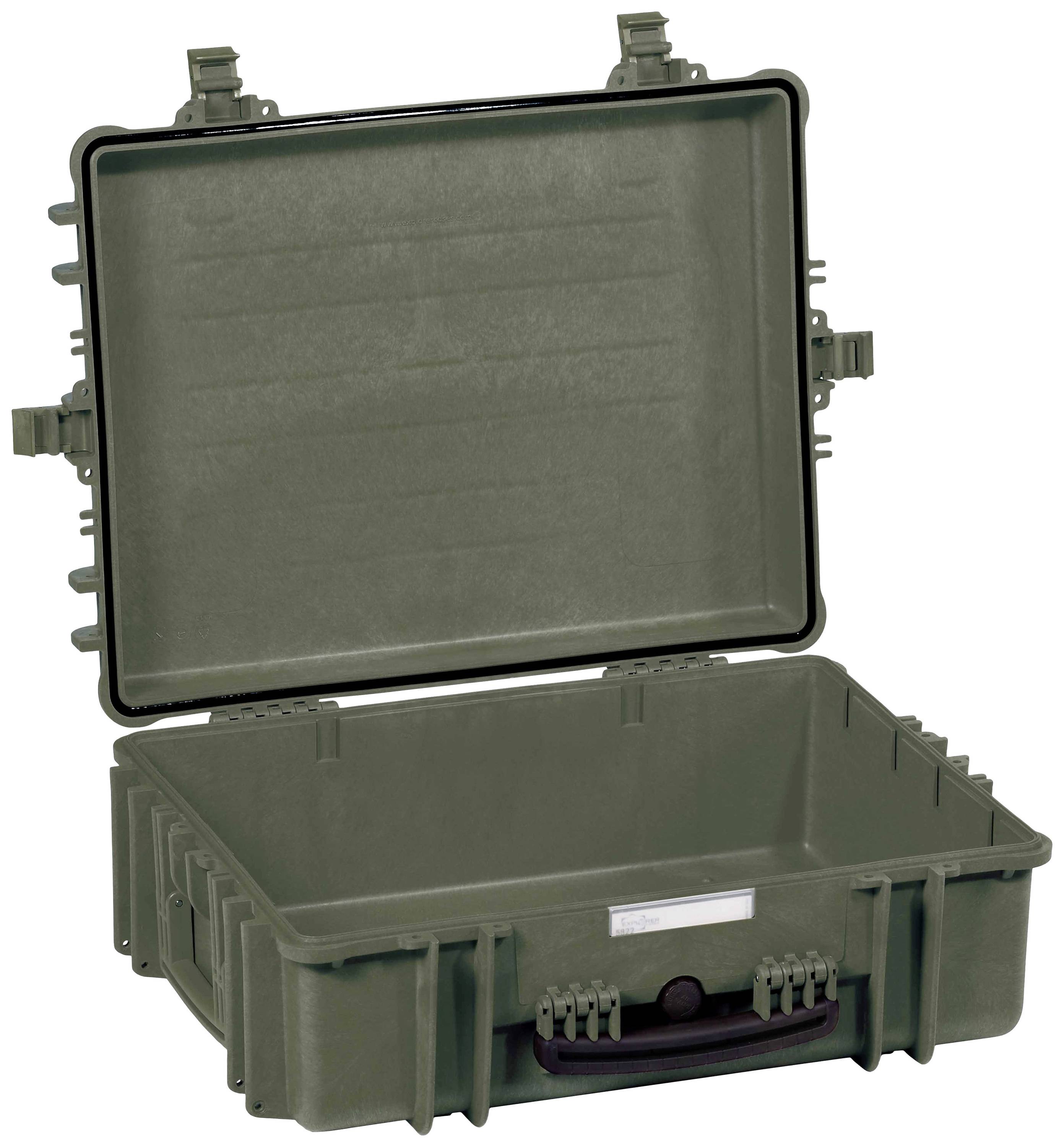 An open green protective case with robust design, suitable for the safe transportation of sensitive equipment.
