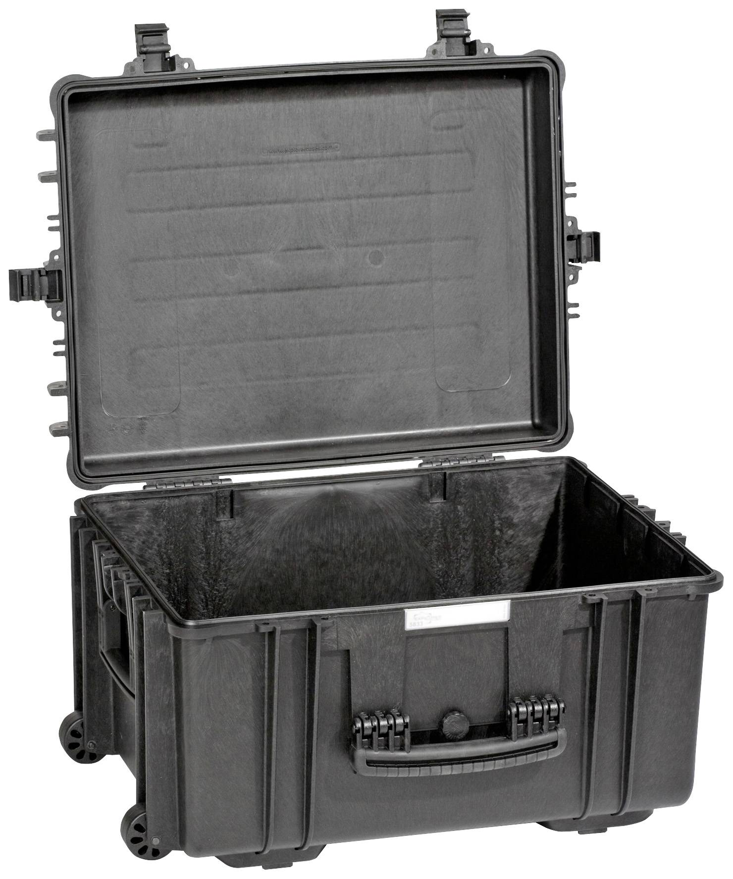 Black, open hard-shell suitcase with wheels and carry handle.