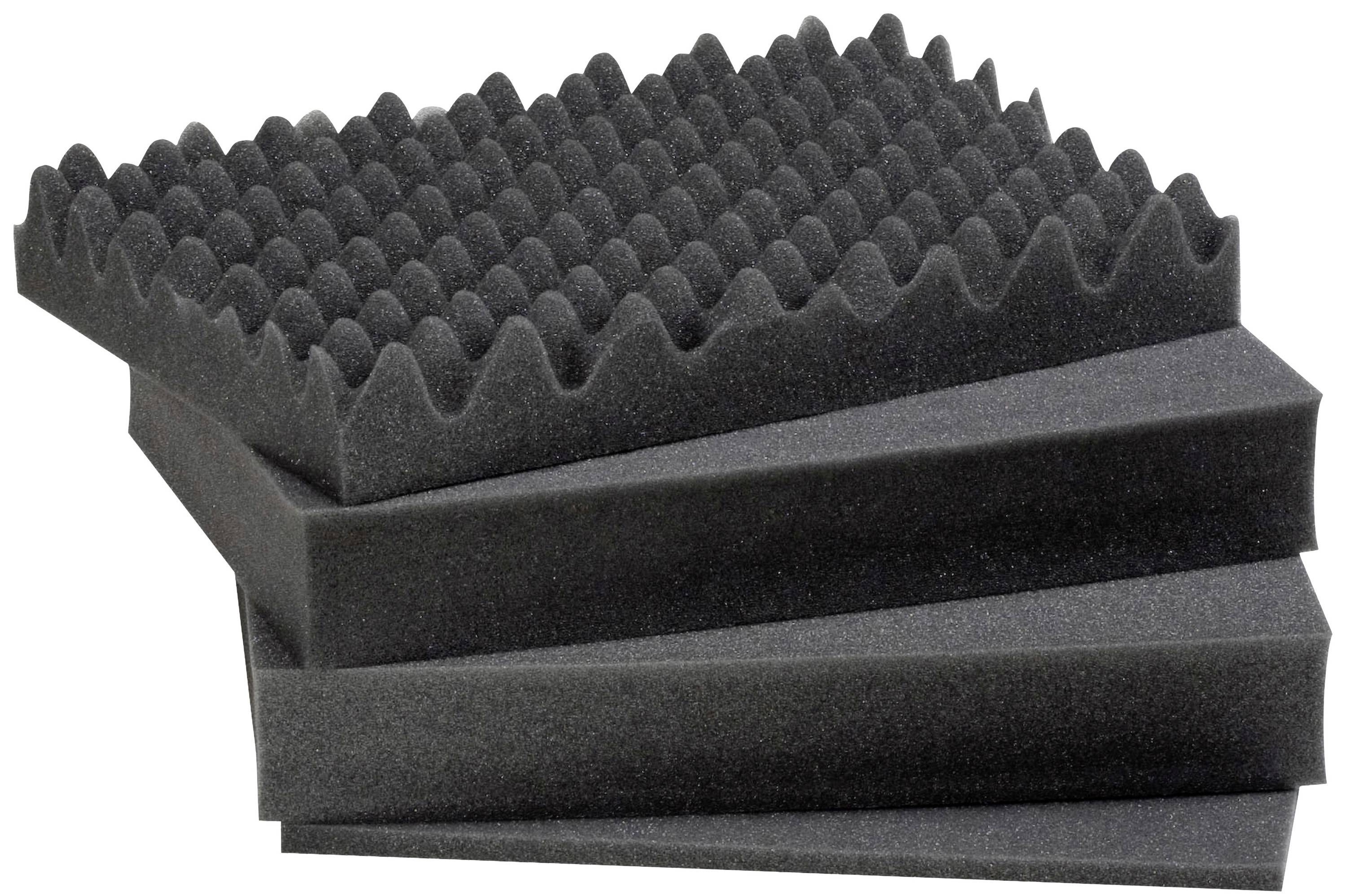 Four rectangular, black foam pads; one with a wave structure, three smooth. Suitable for sound insulation or protective packaging.