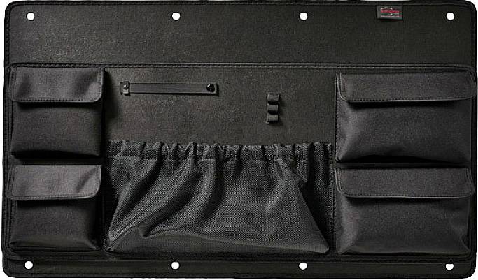 Black organiser bag with multiple compartments and pockets for wall mounting, suitable for tools or accessories.