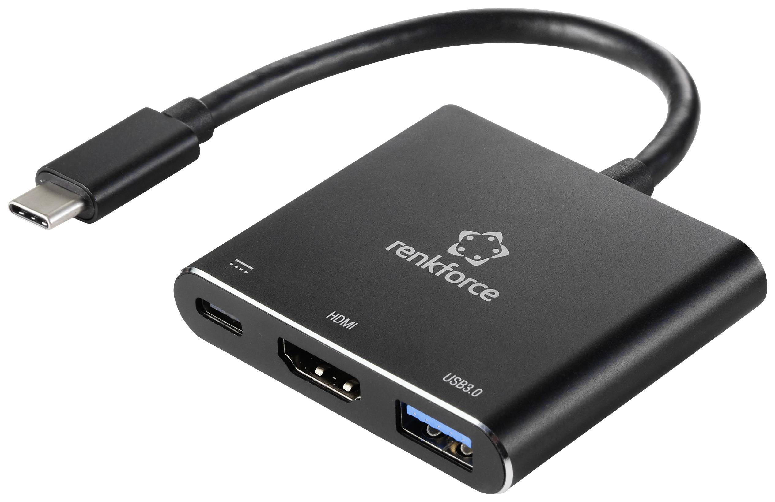 A black USB-C adapter with HDMI, USB 3.0, and USB-C ports. It bears the Renkforce brand and has a short cable.