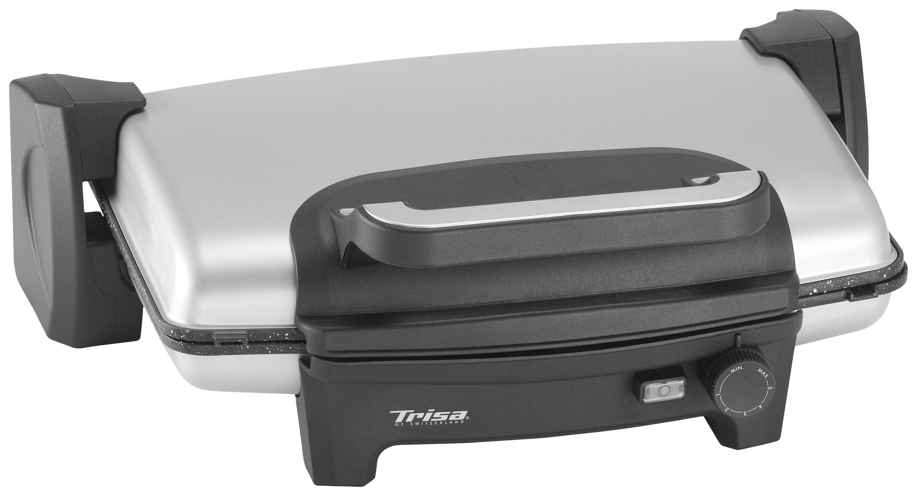 An electric contact grill with a silver casing and black handle. It features a temperature control dial and an on/off switch.