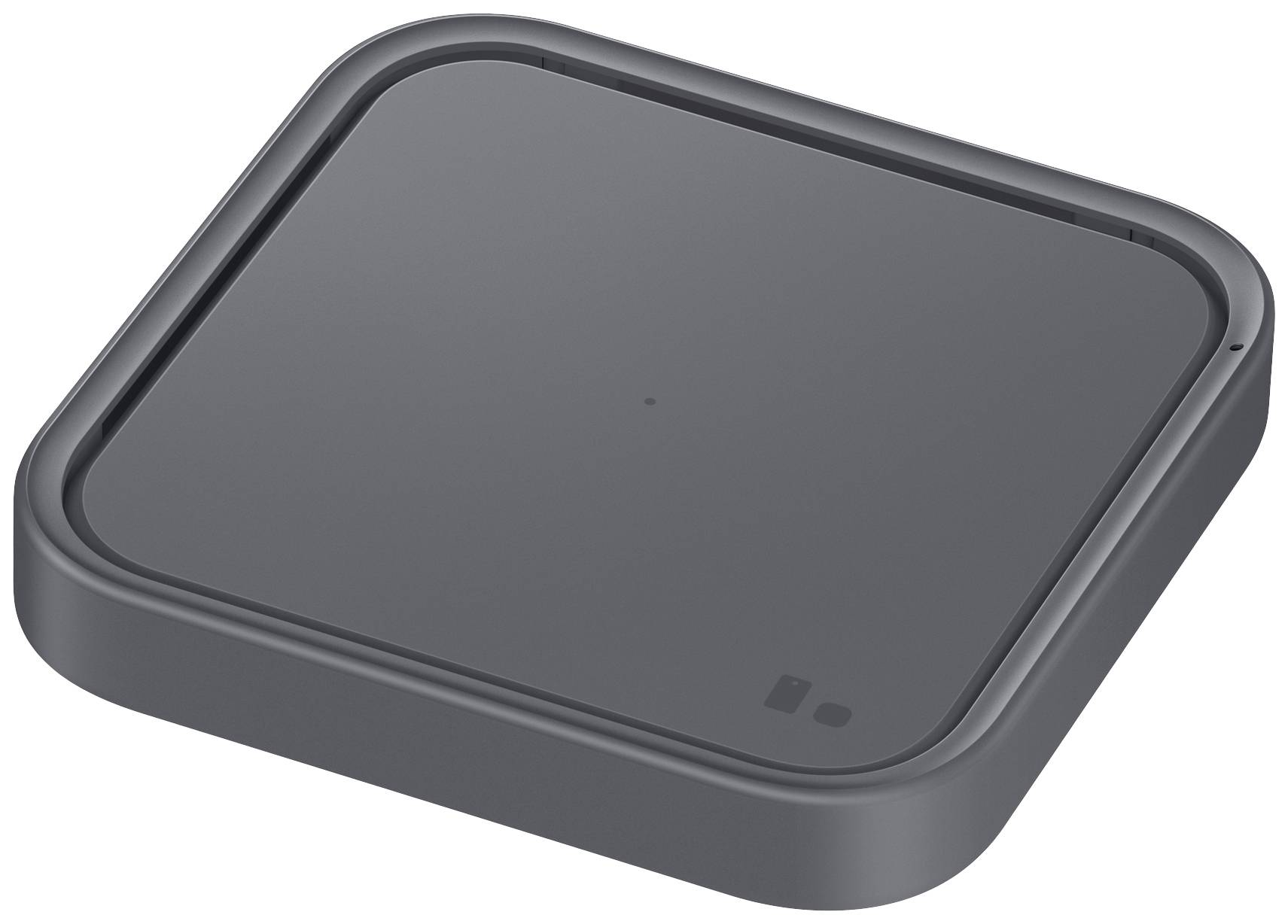 A black, square, flat charger, presumably for wirelessly charging devices.