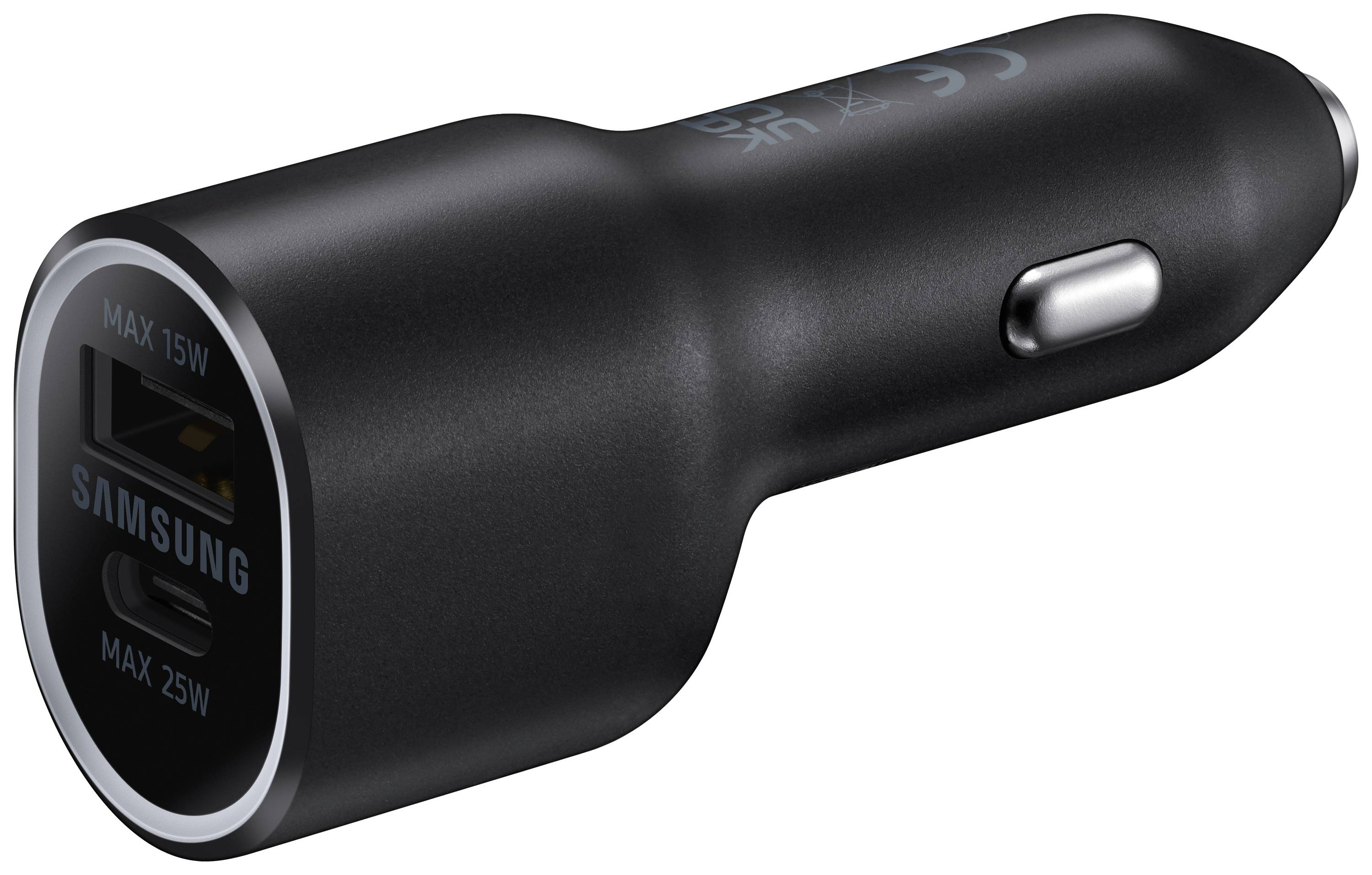 A black car charger with two USB ports, one marked 'MAX 15W' and the other marked 'MAX 25W'.