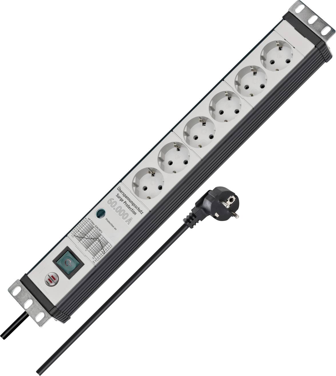 Rack-mounted power strip with eight European outlets, illuminated on/off switch, and attached power cord with plug