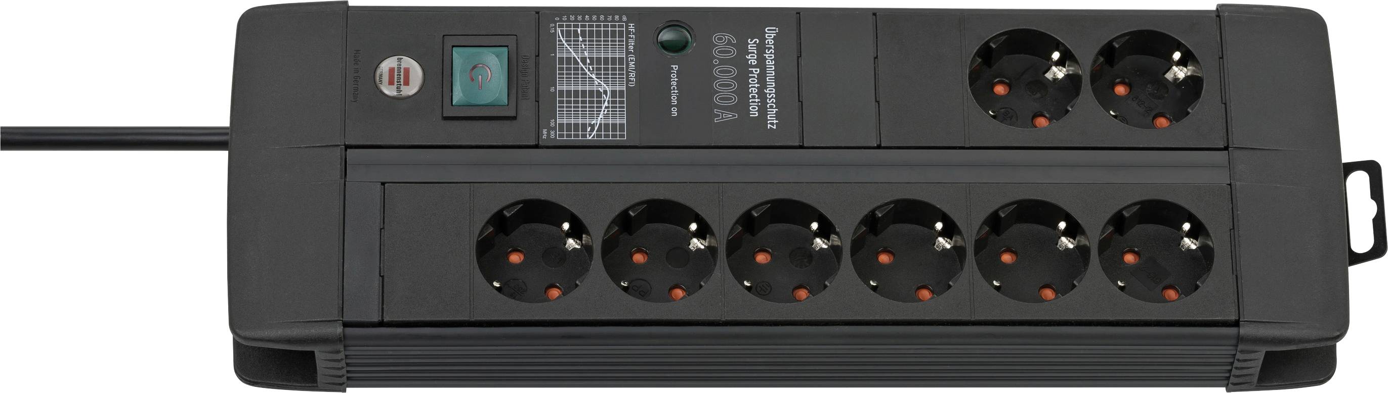 Black power strip with multiple electrical outlets, a switch, and a connected cord on a white background.