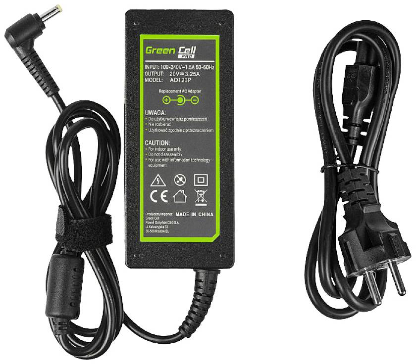 Black charger with green logo and technical specifications; next to a detachable power cable. Suitable for 20V, 3A.