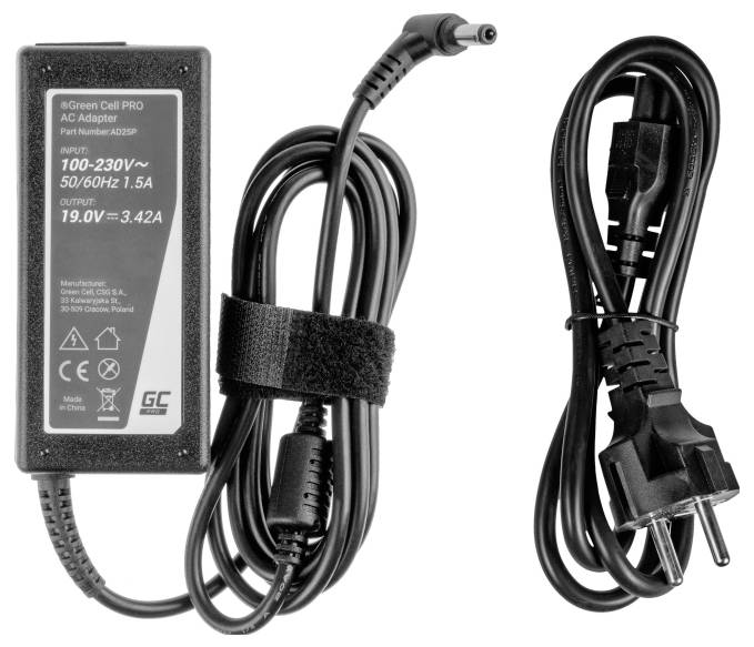 Black power supply with power cord. On the label are models, input voltage 100-230V, output 19V, 3.42A. Marked with CE certifications.