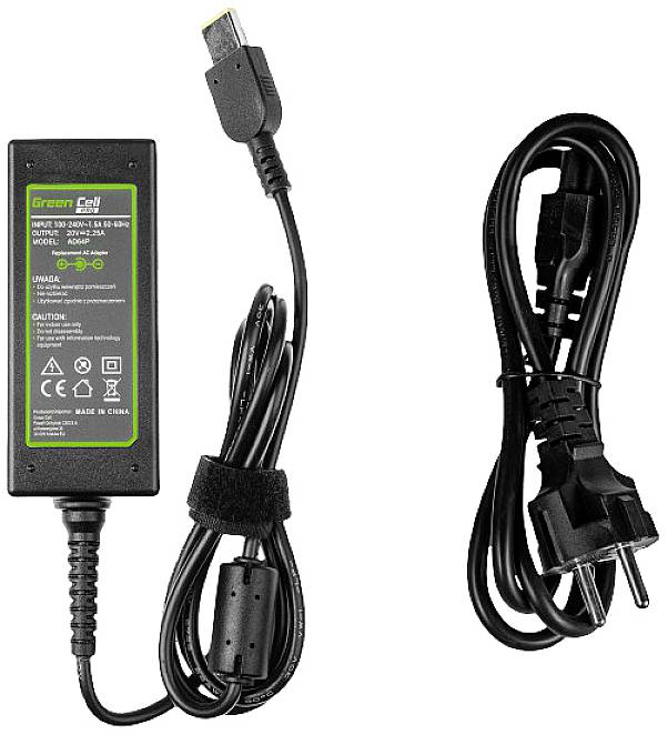 Power supply with two cables. Left cable has a plug for laptops, right cable is a mains cable with a plug for electrical sockets.