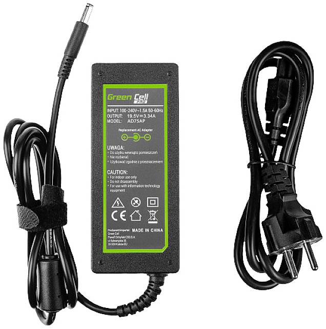 Mains adapter with cable to one connection point. Label shows input and output voltage along with warning notices.