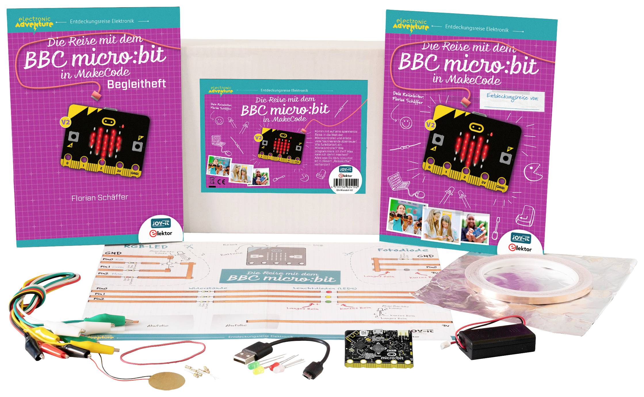 Image shows the 'BBC micro:bit' kit with accompanying manual, code card, and accessories. Ideal for learning projects in electronics and programming.