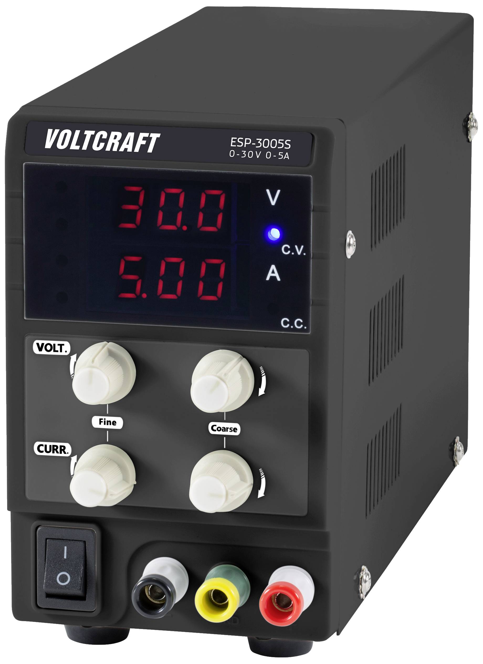 Black power supply unit with display. Shows 30.0 volts and 5.00 amperes, with multiple control buttons and connections.