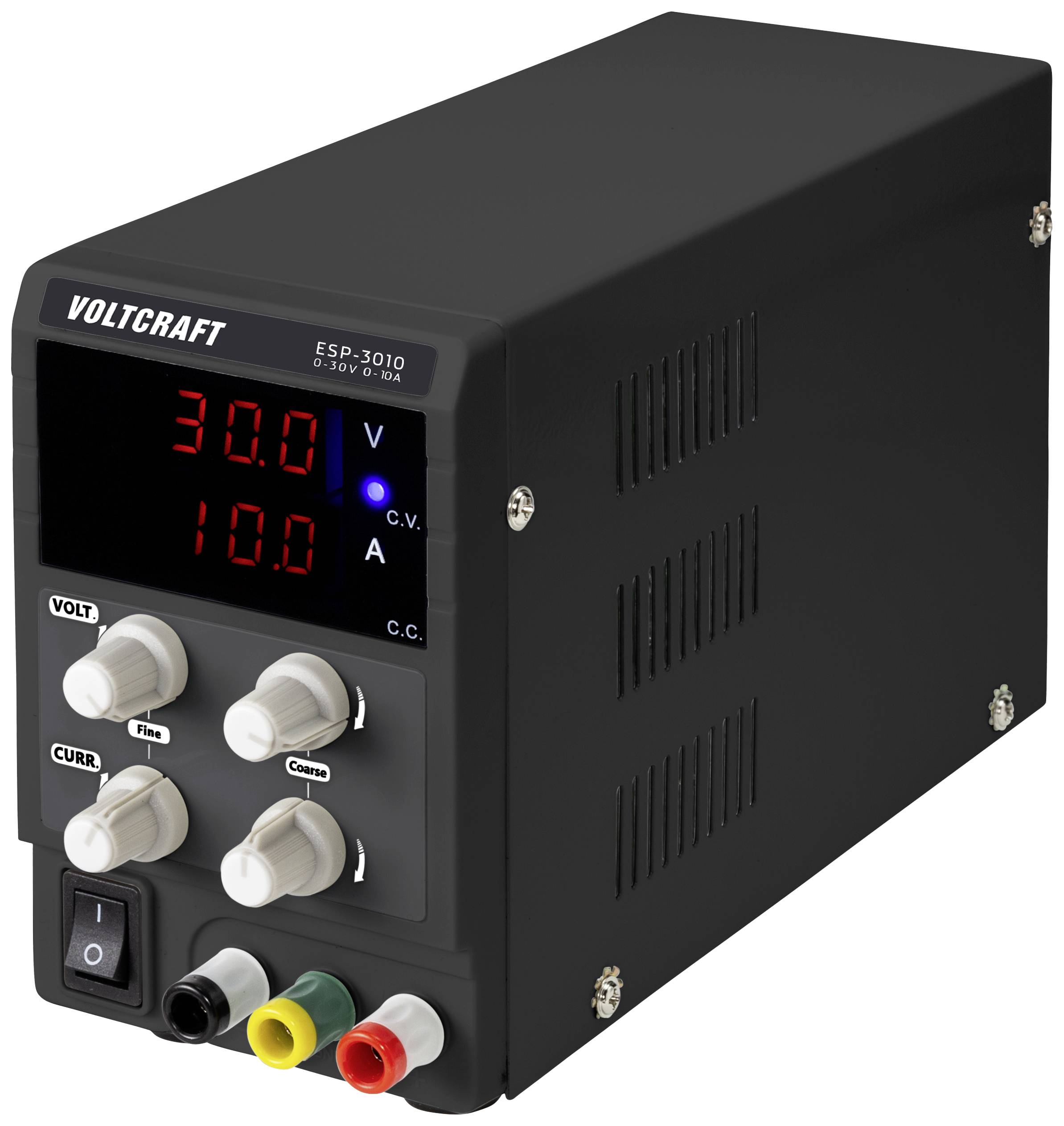 'Voltcraft ESP-3010' Laboratory Power Supply with digital display of volts and amps; indicates 30 V and 10 A, with multiple adjustment knobs.