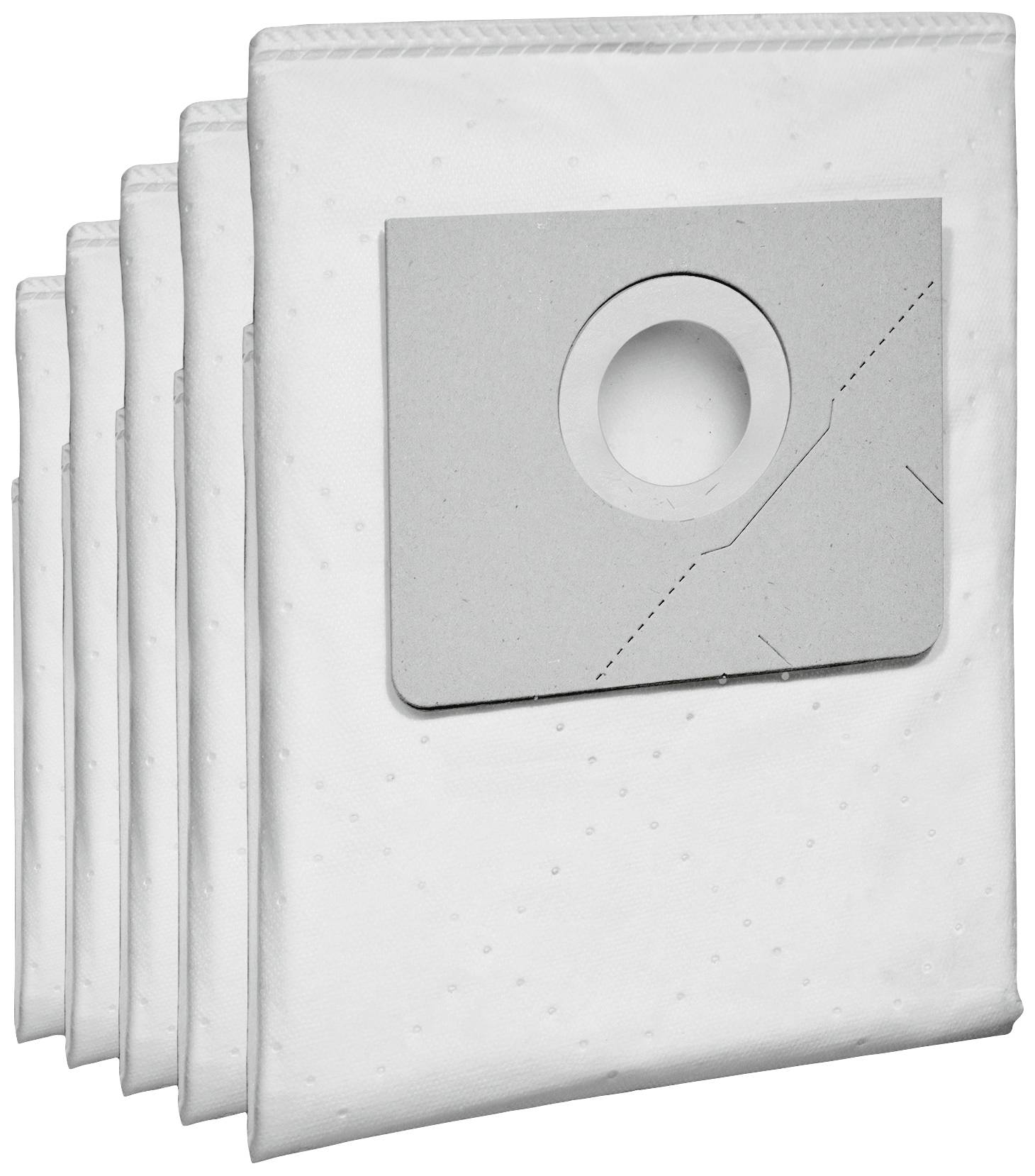 Five fabric vacuum cleaner bags, with a cardboard opening on the right side, are lined up side by side.