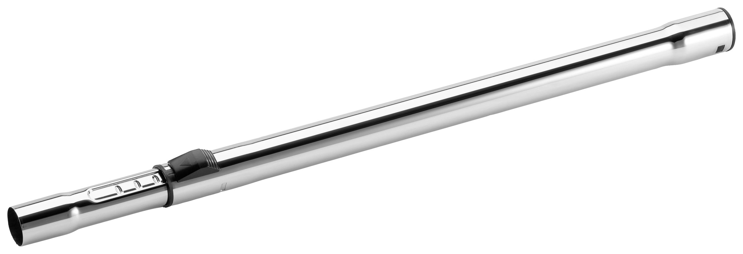 Silver, telescopic metal vacuum cleaner tube with adjustable length and locking mechanism.