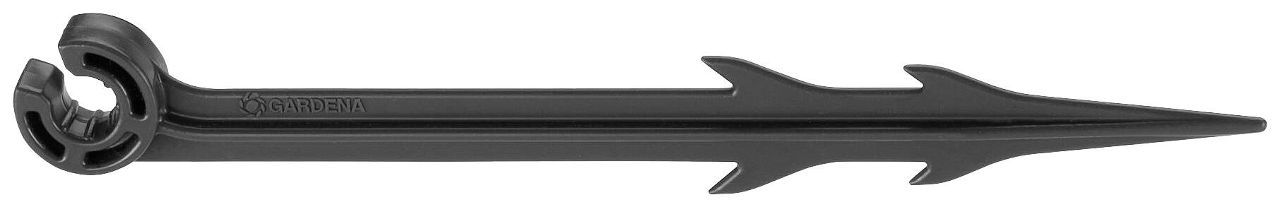 Black plastic tent peg with serrated design for better ground grip.