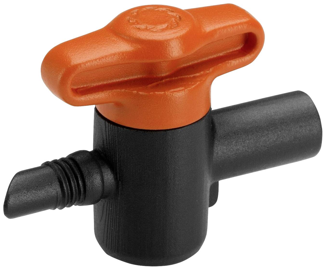 Black plastic valve with an orange handle, side connection point. Used for controlling water or air flow.