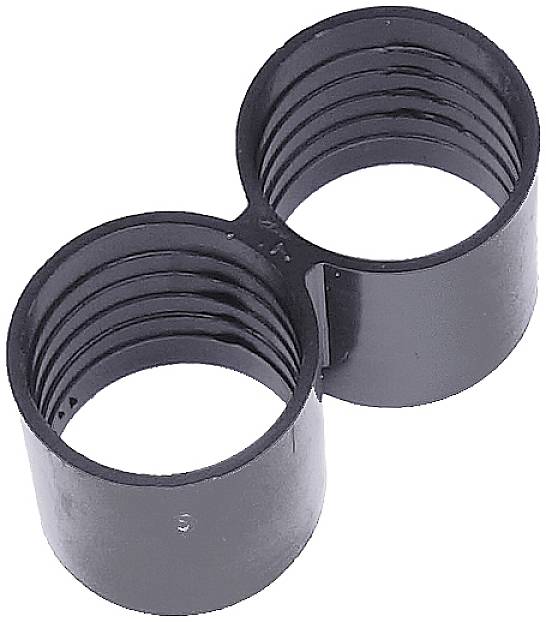 Black, double-sided plastic connector with ribbed interior, suitable for connecting two pipes or rods.