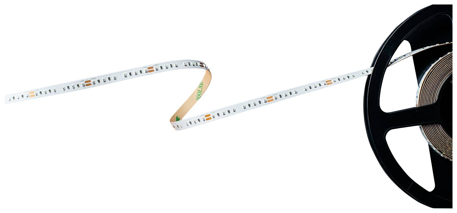 A roll of LED strip lighting, partially unrolled, reveals visible LEDs and copper contacts.