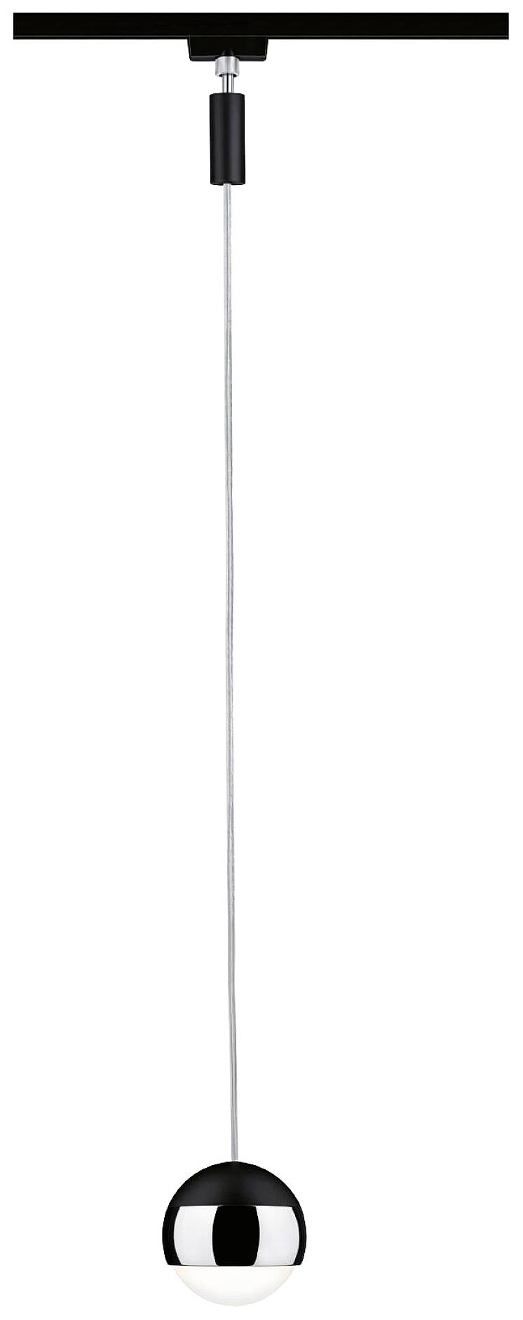 Pendant light with a minimalist design, consisting of a black ceiling mount, a long cable, and a spherical chrome light fixture.