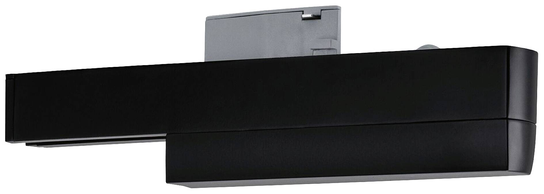 A black, rectangular door closer against a neutral background. Neat design, likely suitable for interior use.