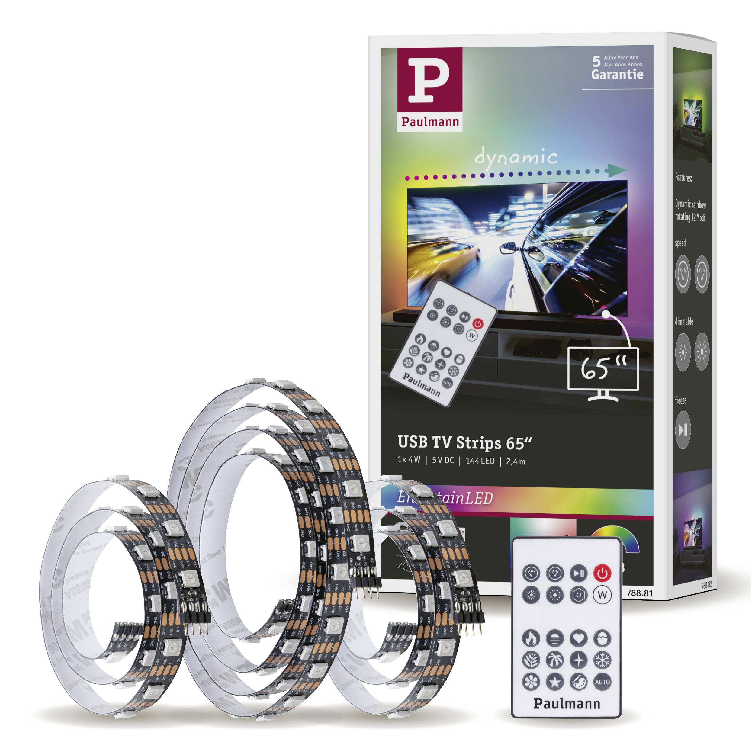 Packaging of LED TV strips with remote control. Printed text: 'USB TV Strips 65