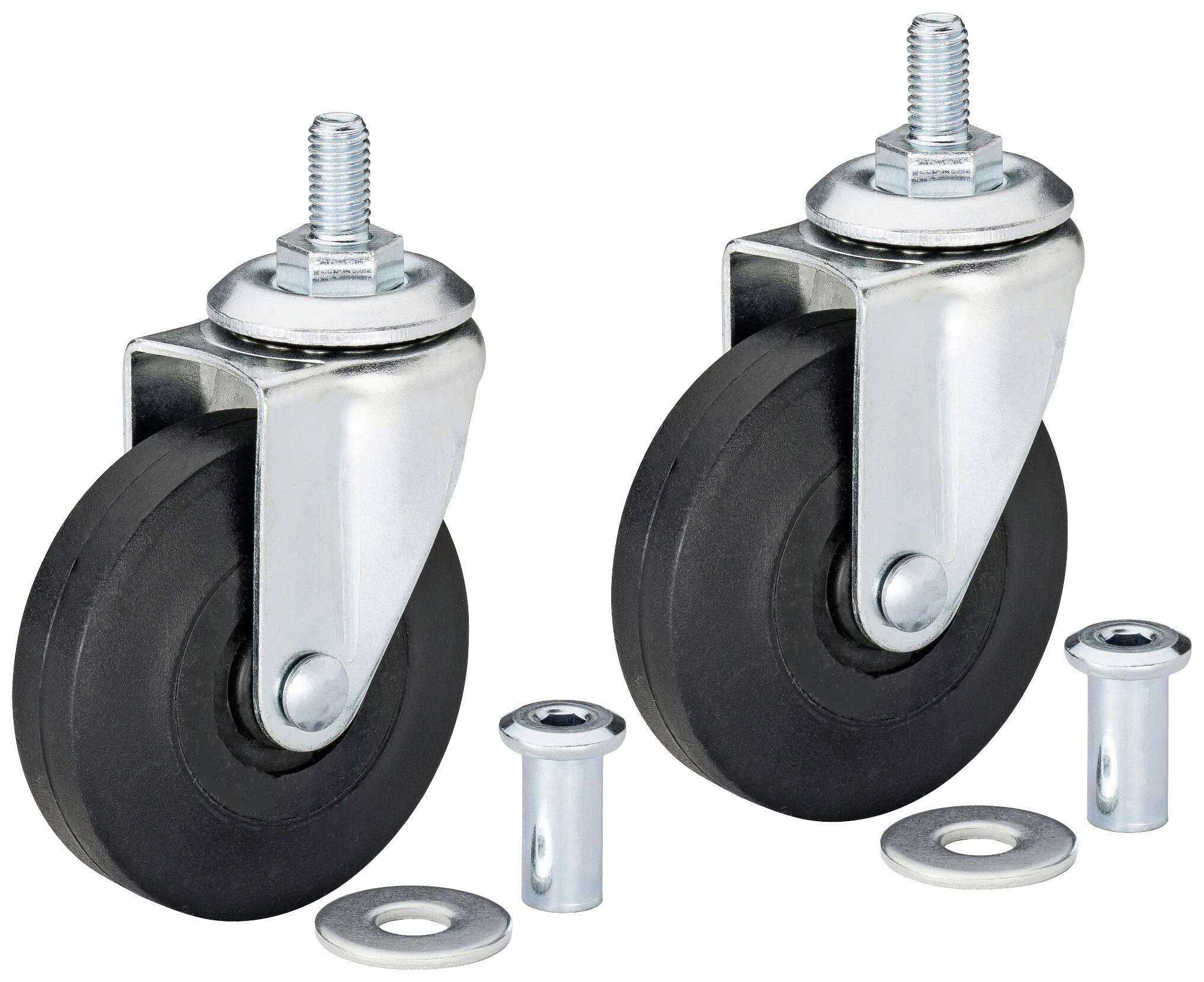 Black steering castors with metal housing and mounting accessories such as screws and washers on a white background.