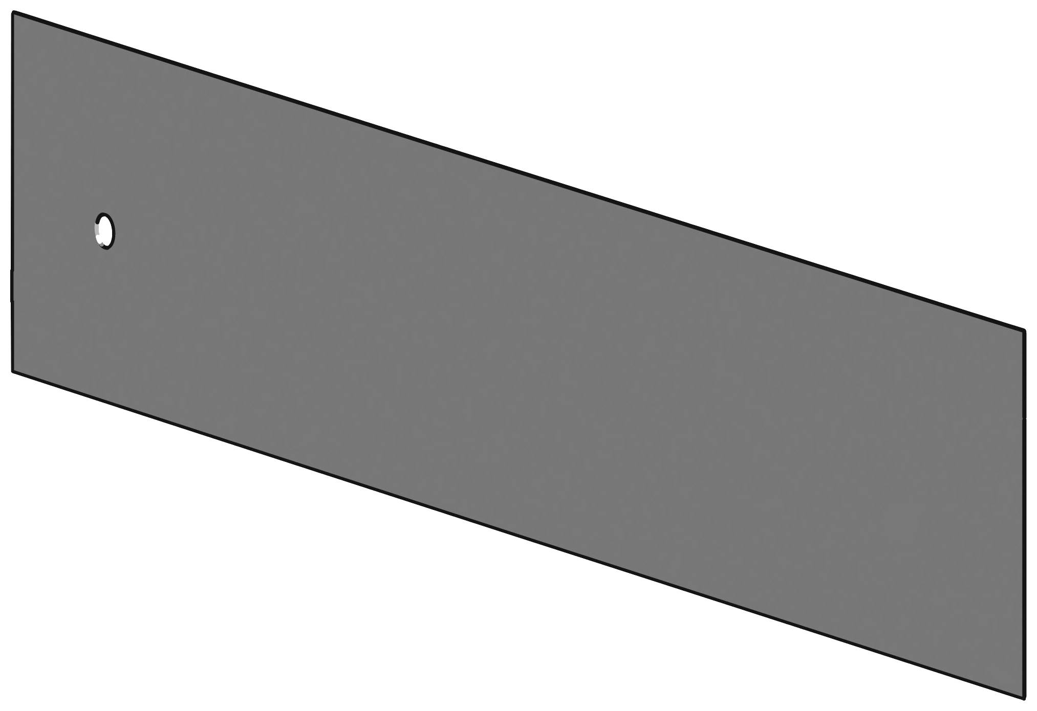 Grey rectangular metal sheet with a hole in the top left corner.