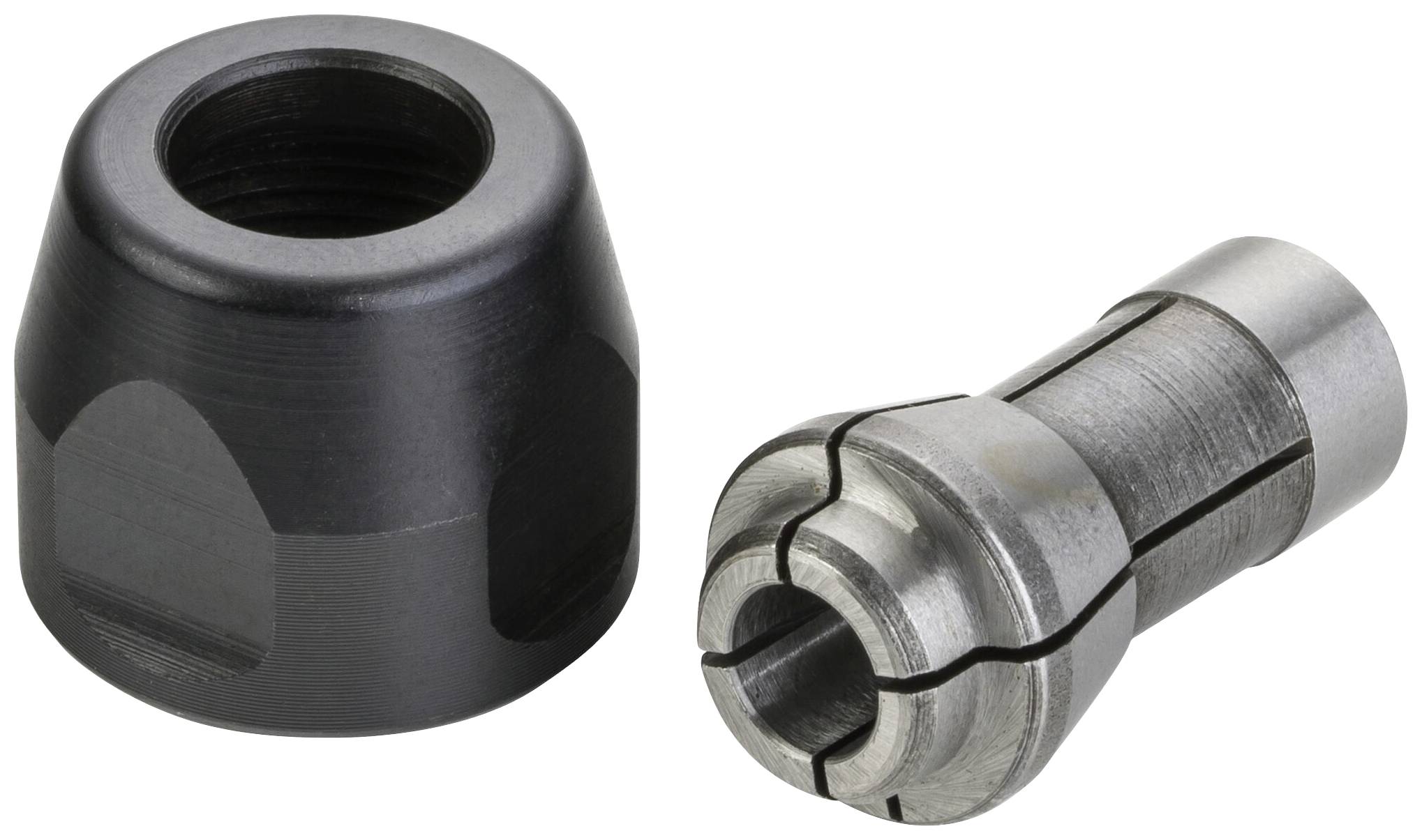 Two metal tools: on the left a black clamping nut, on the right a silver collet. Both are used for securing workpieces.