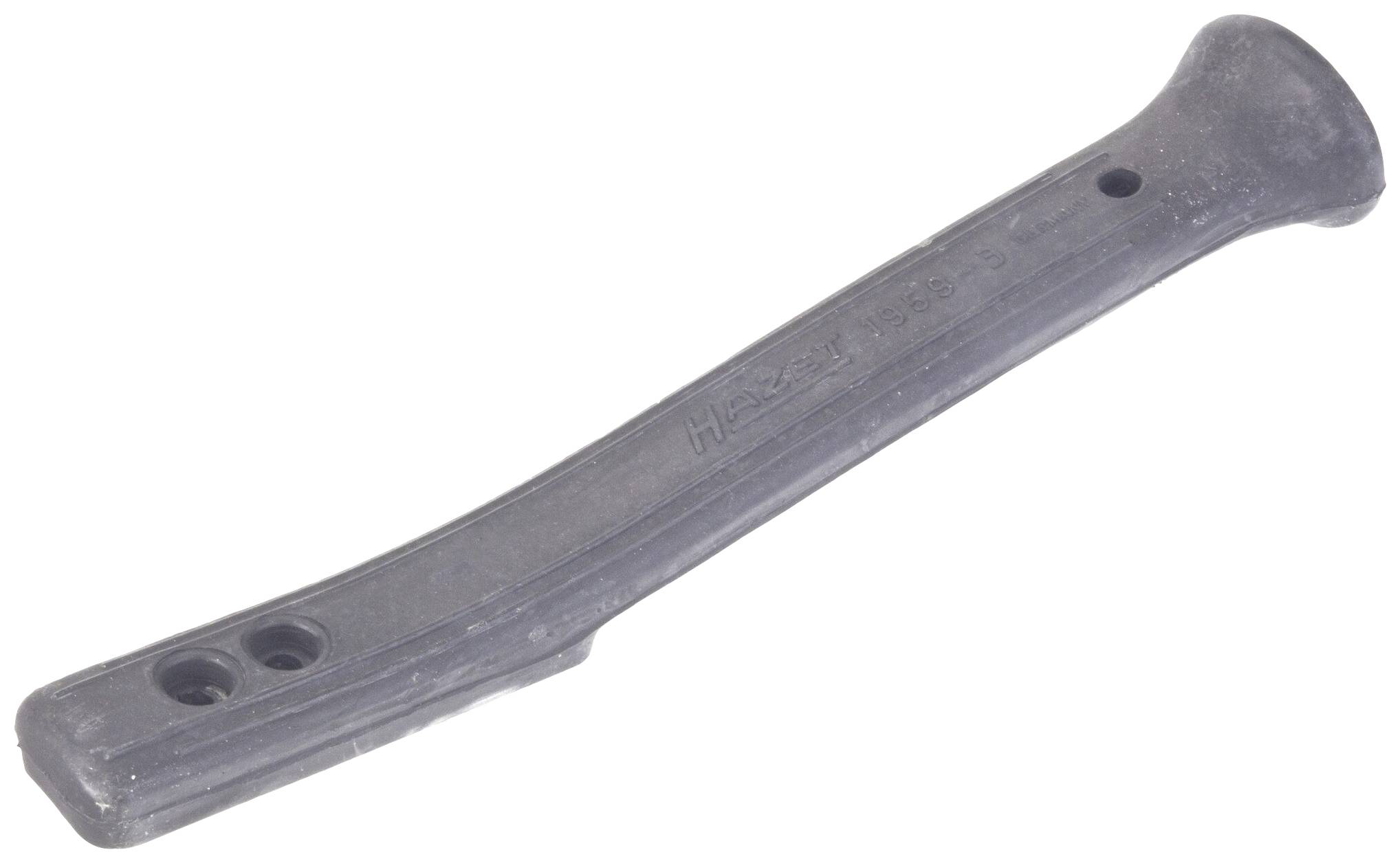An elongated, black rubber object with two holes at one end and a wider head at the other end; a technically-designed component.