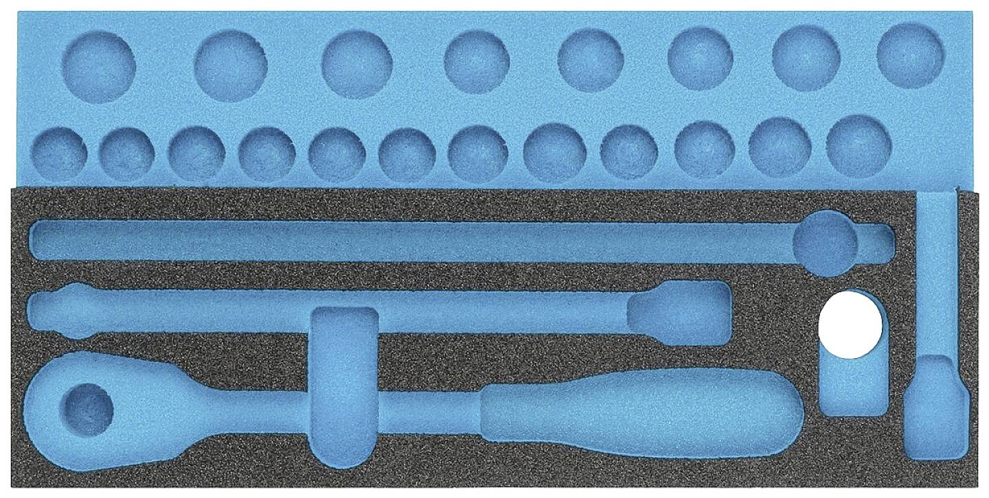 Tool set in foam insert with various socket wrenches and extensions, upper half with round cut-outs.