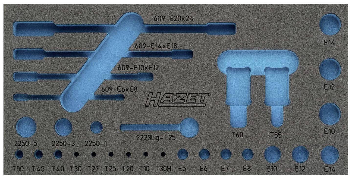 Foam insert with holders for tools, partially labelled with various size specifications and 'Hazet' logo in the centre.