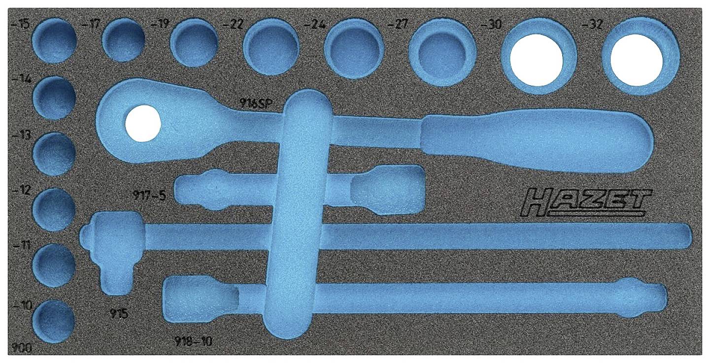 Hazet tool storage system with pre-formed foam cut-outs for various tools, in a blue and black design.