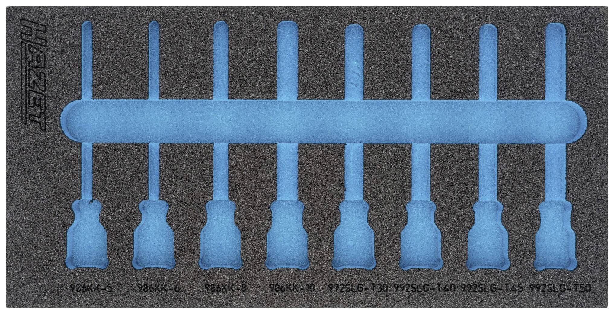 Eight blue screwdrivers in a foam insert with embossed size indication and manufacturer's name, arranged in a row.