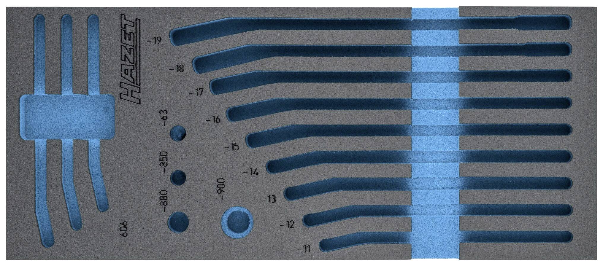 Foam tool holder with blue interior, suitable for 11 spanners of varying sizes.