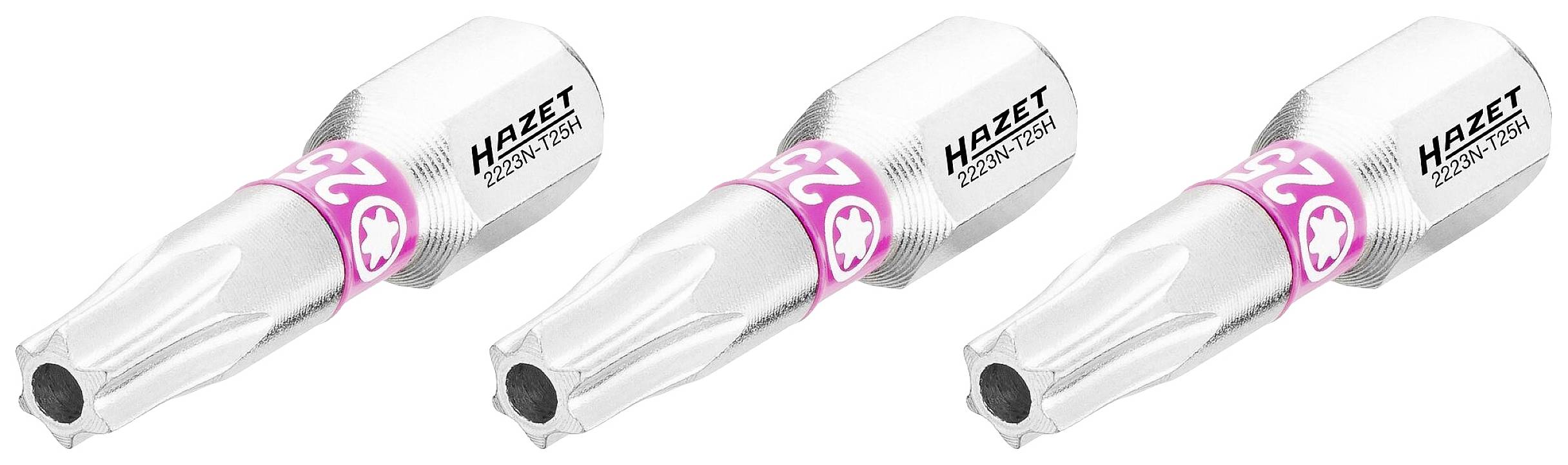 Three silver adapters with pink numbers '25' and 'HAZET' inscription, arranged in a row, on a white background.