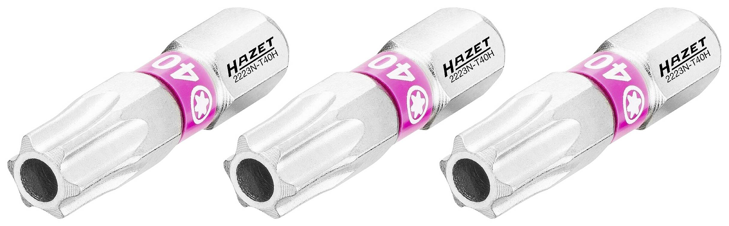 Three silver Torx bits, size T40, with pink marking and the inscription 'HAZET'.