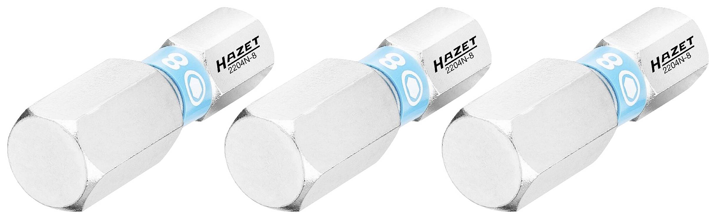 Three silver Hazet hex nuts with blue markings and the number '8', arranged in a row on a white background.