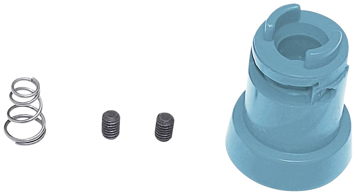 Components of a device: A metal spring, two small screws and a turquoise plastic sleeve.