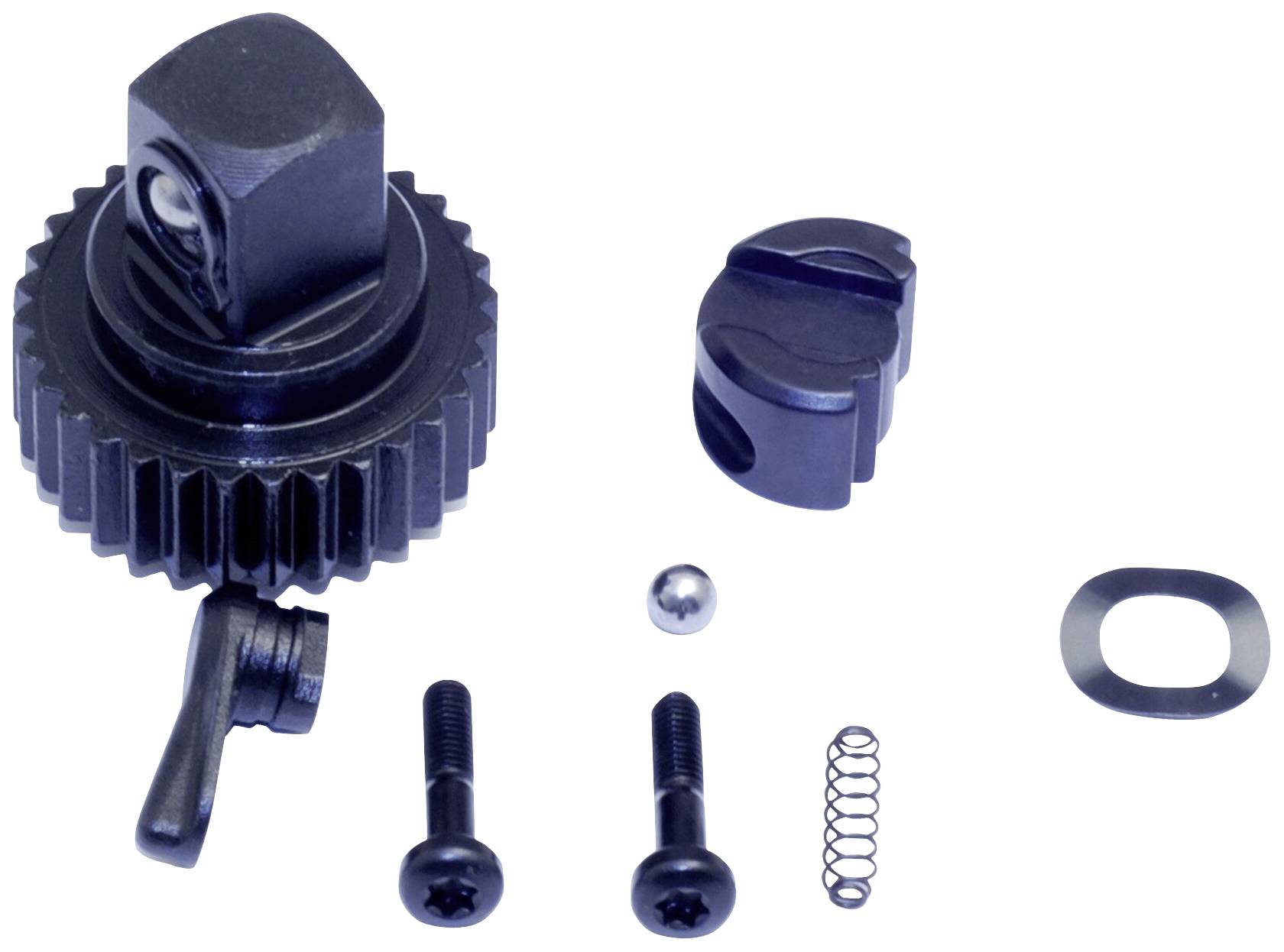 A black cogwheel with a square mounting, surrounded by smaller metal components such as screws, spring, and metal washer.
