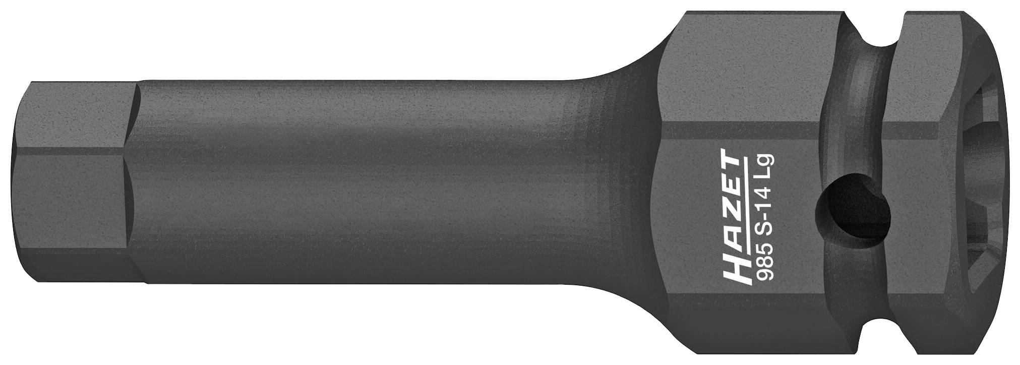 Black Hazet socket insert, Model 985 S-14 Lg, for hand and electric tools, cylindrical shape with hexagonal shaft.