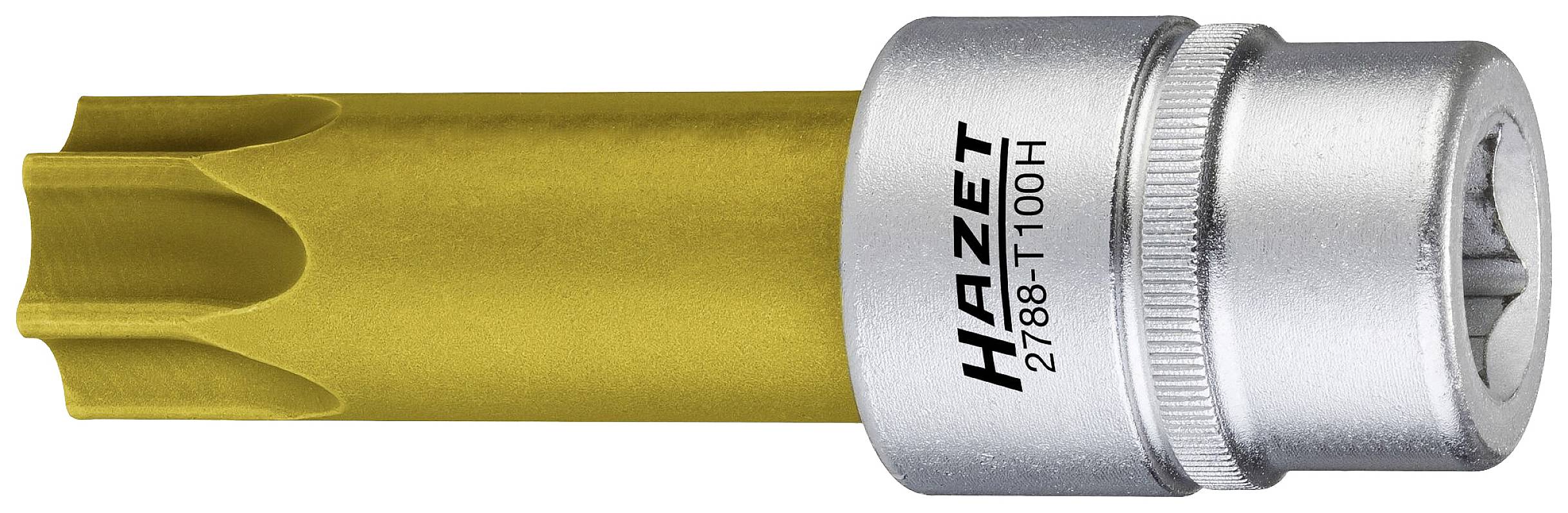 Illustrated is a HAZET tool attachment with the model number '2788-T100H', consisting of a gold-coloured shaft and a silver socket part.