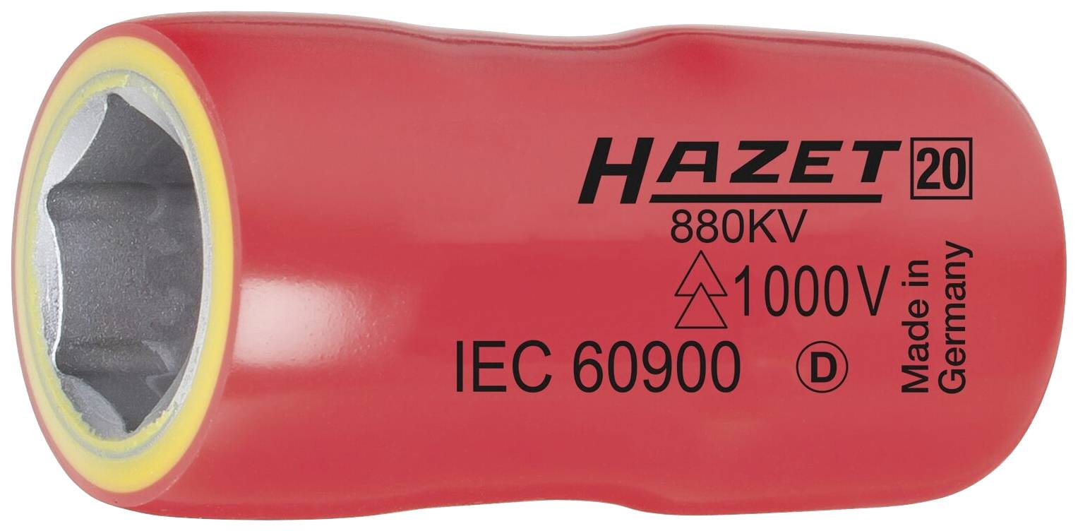 Red insulated spanners with 'Hazet 20' inscription, voltage ratings up to 1000V, compliant with IEC 60900 standard, manufactured in Germany.
