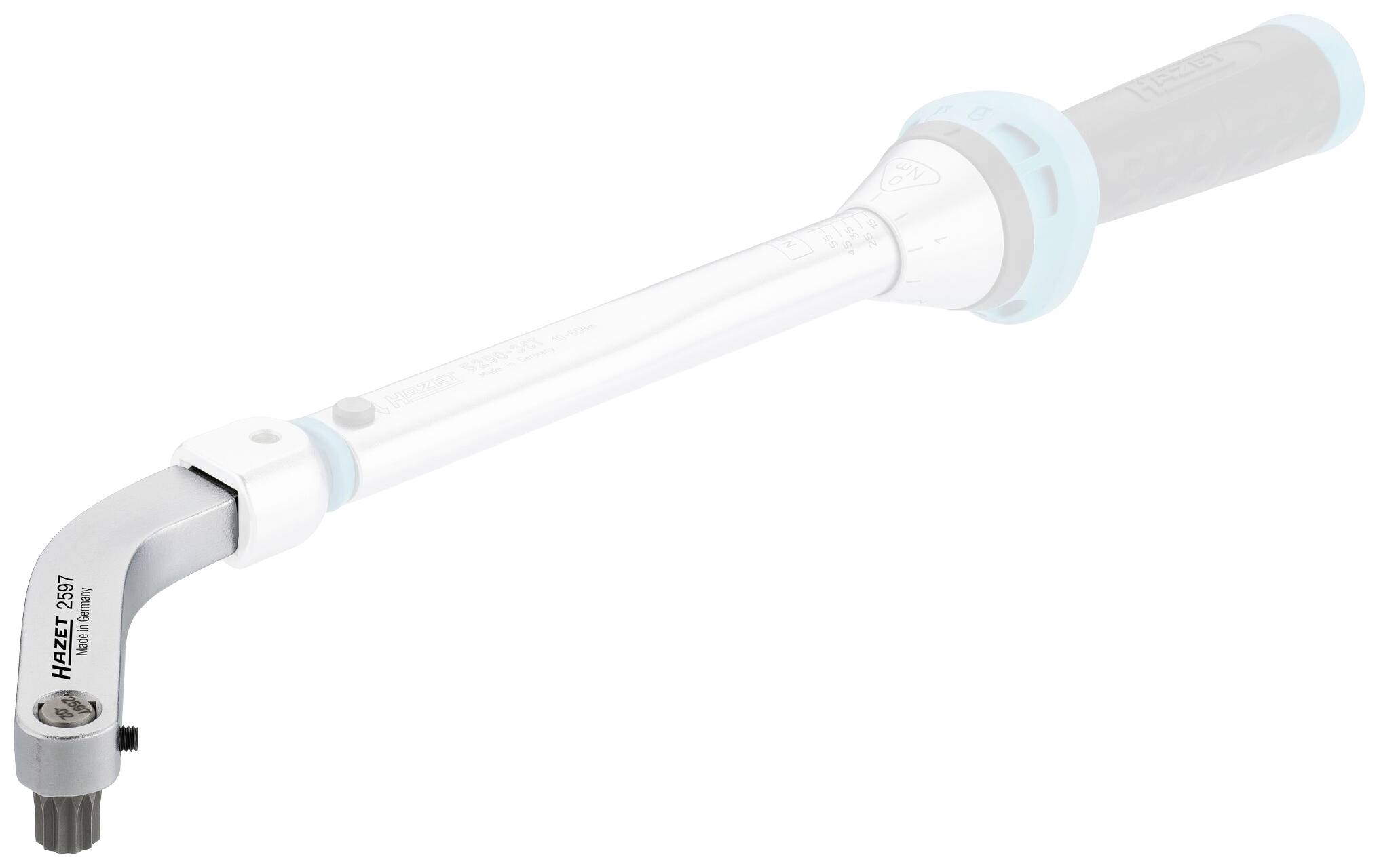 A metal and plastic adjustable torque wrench with a distinctive handle. Tool for precise torque setting.