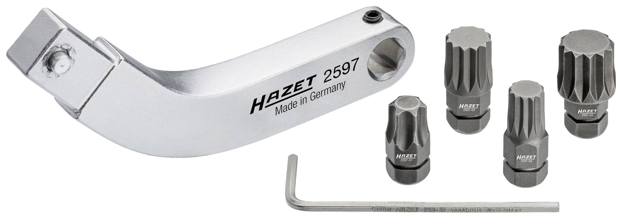 Tool set consisting of a lever with the inscription 'HAZET 2597 Made in Germany', four attachments and an Allen key.