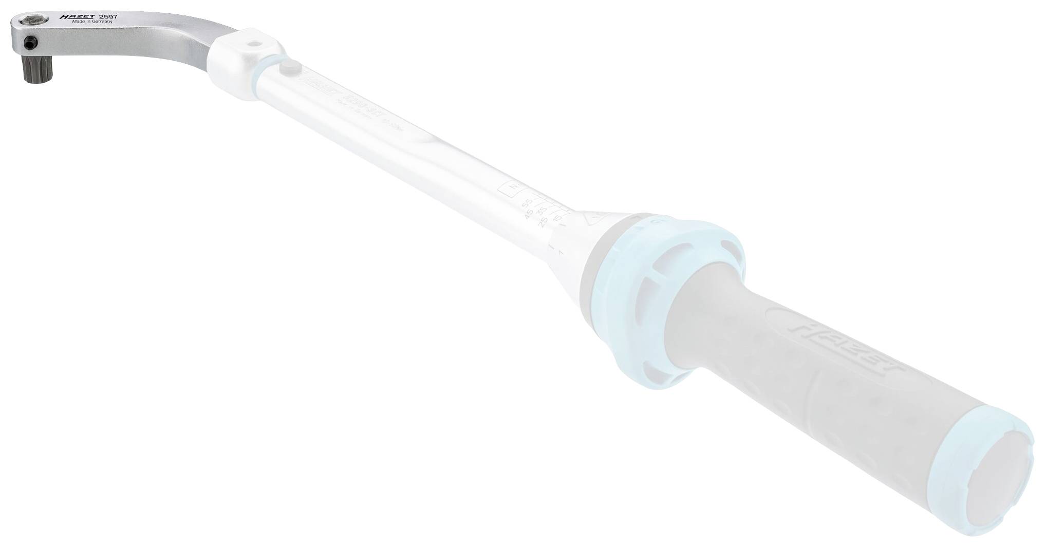 Torque wrench with long handle and scale for measuring torque moments. Primarily used in mechanics and repairs.