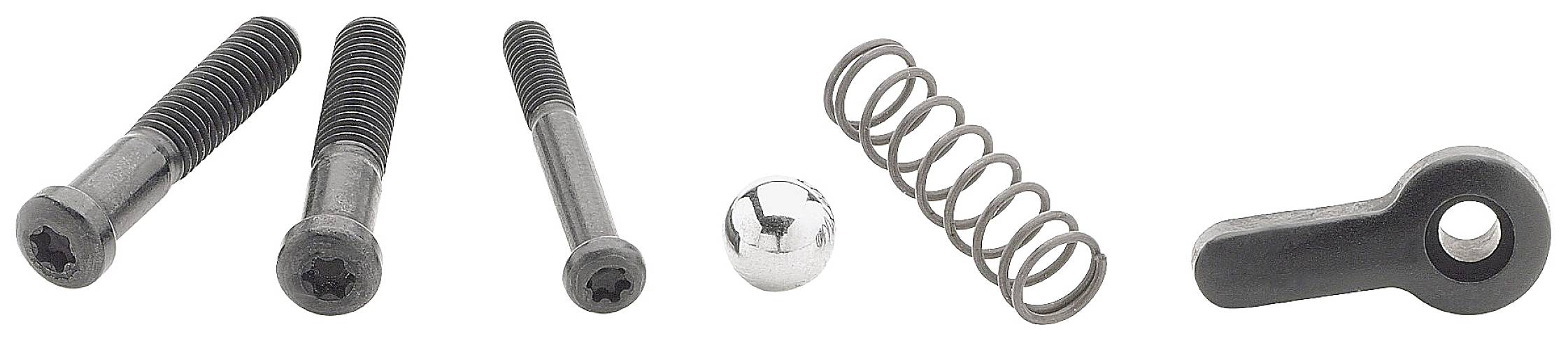 Three black screws, a metal ball, a spring and a metal lever on a white background. Tool parts for repairs.